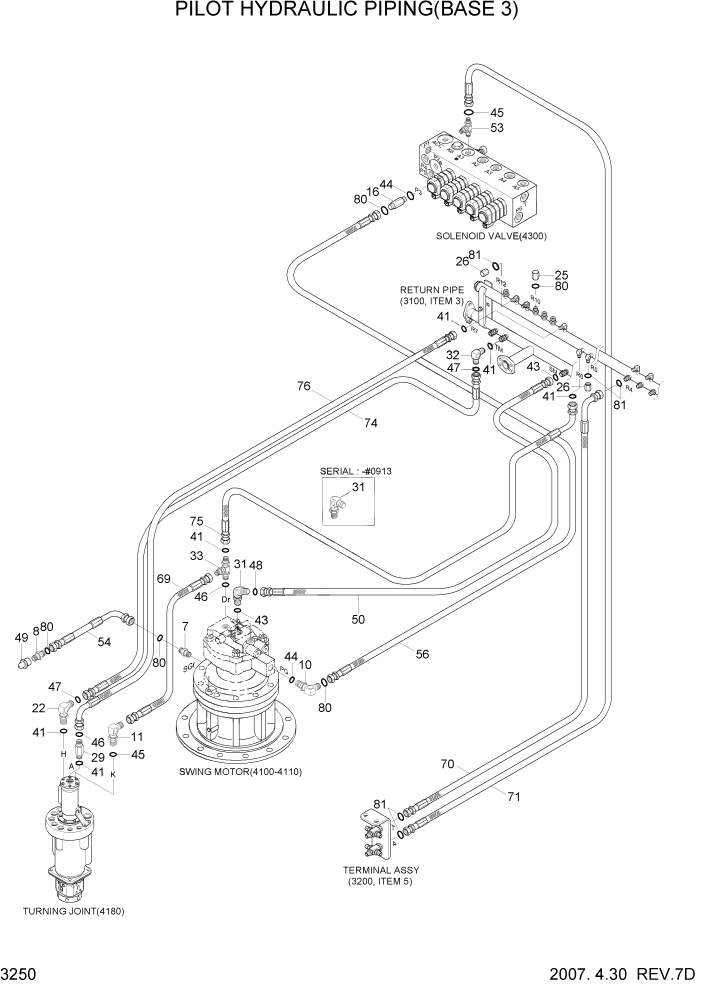 Схема запчастей Hyundai R170W7 - PAGE 3250 PILOT HYD PIPING(BASE 3) ГИДРАВЛИЧЕСКАЯ СИСТЕМА