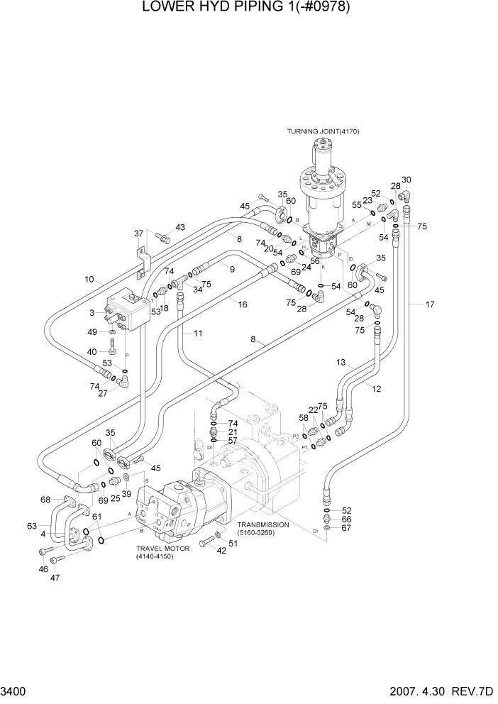 Схема запчастей Hyundai R170W7 - PAGE 3400 LOWER HYD PIPING 1(-#0978) ГИДРАВЛИЧЕСКАЯ СИСТЕМА