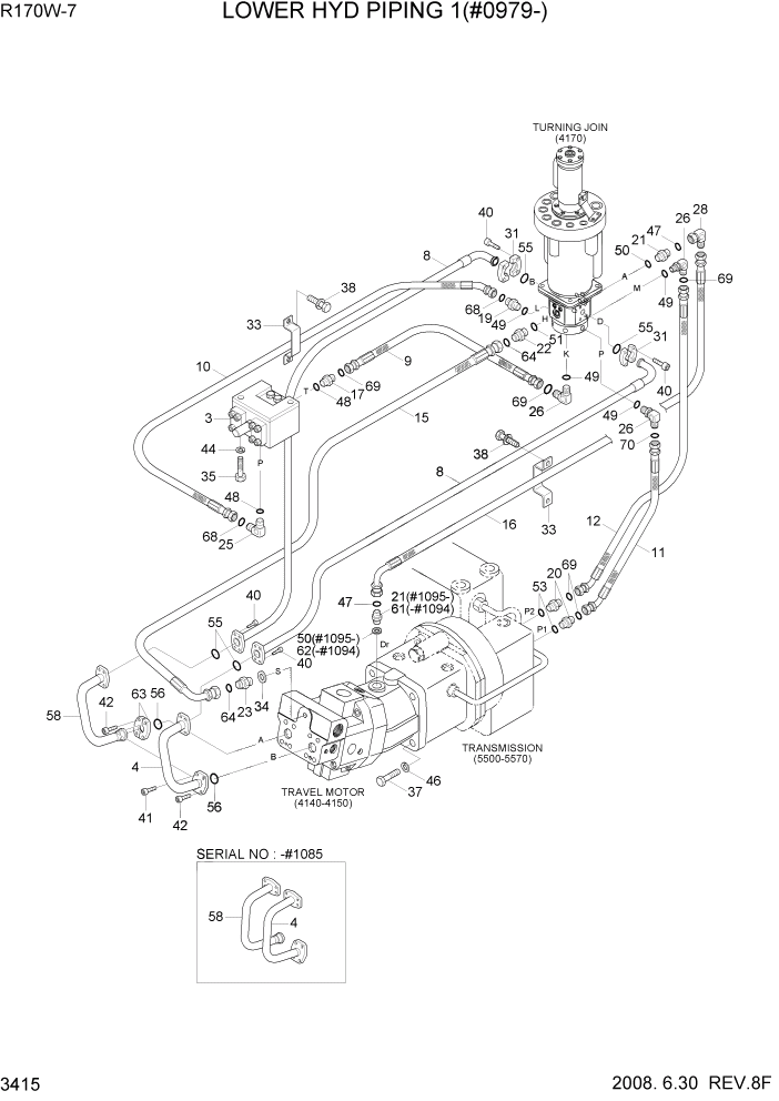 Схема запчастей Hyundai R170W7 - PAGE 3415 LOWER HYD PIPING 1(#0979-) ГИДРАВЛИЧЕСКАЯ СИСТЕМА