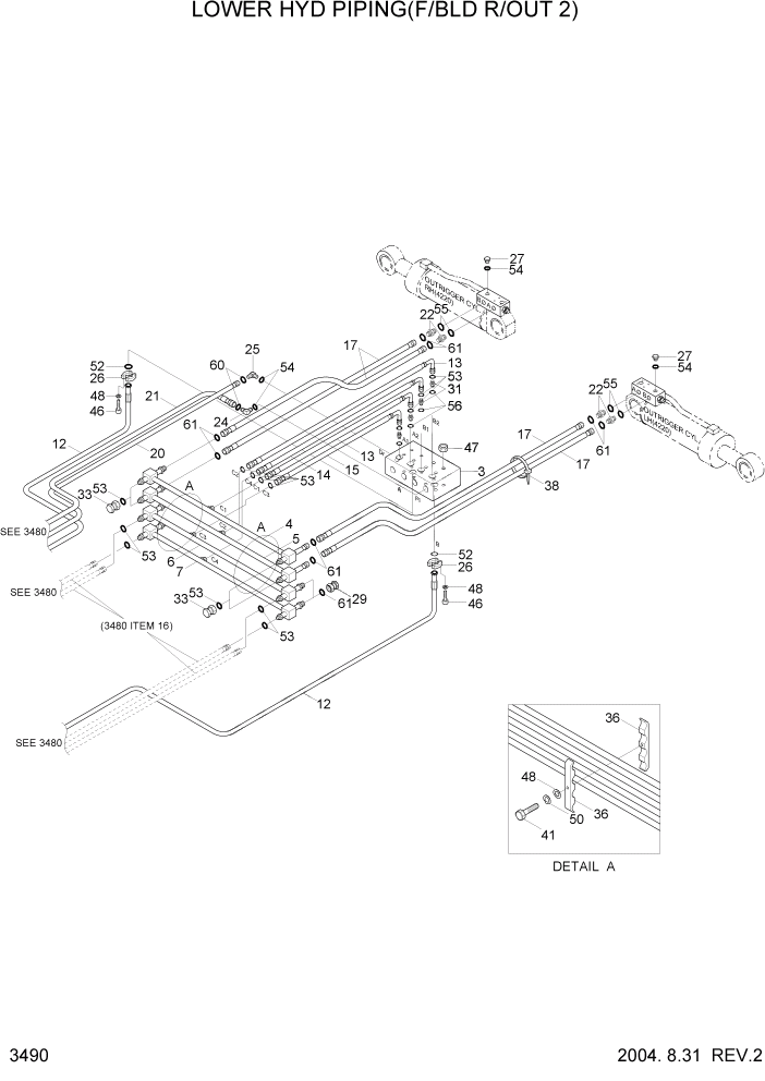 Схема запчастей Hyundai R170W7 - PAGE 3490 LOWER HYD PIPING 2(F/BLD R/OUT) ГИДРАВЛИЧЕСКАЯ СИСТЕМА