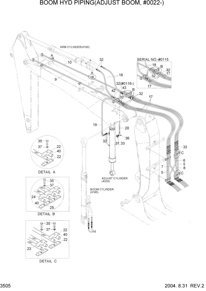 Схема запчастей Hyundai R170W7 - PAGE 3505 BOOM HYD PIPING(ADJUST BOOM, #0022-) ГИДРАВЛИЧЕСКАЯ СИСТЕМА