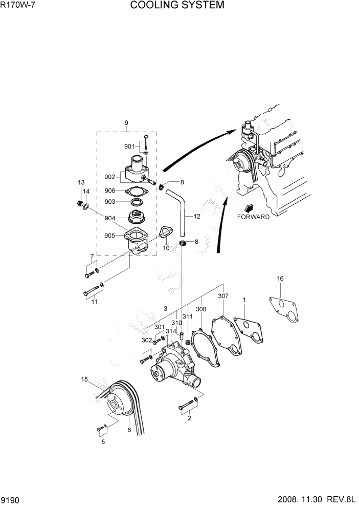 Схема запчастей Hyundai R170W7 - PAGE 9190 COOLING SYSTEM ДВИГАТЕЛЬ БАЗА
