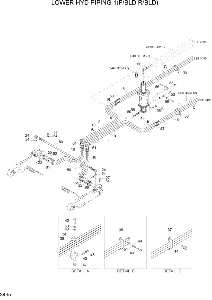Схема запчастей Hyundai R170W7A - PAGE 3495 LOWER HYD PIPING 1(F/BLD R/BLD) ГИДРАВЛИЧЕСКАЯ СИСТЕМА