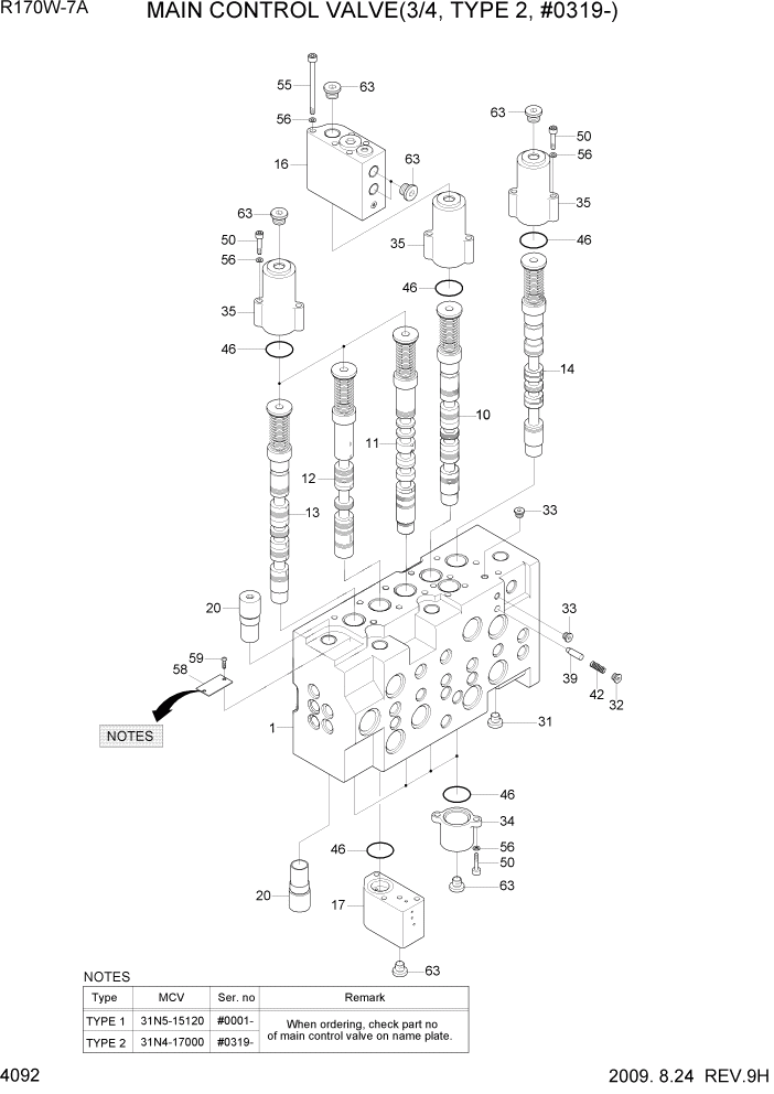 Схема запчастей Hyundai R170W7A - PAGE 4092 MAIN CONTROL VALVE(3/4, TYPE 2, #0319-) ГИДРАВЛИЧЕСКИЕ КОМПОНЕНТЫ