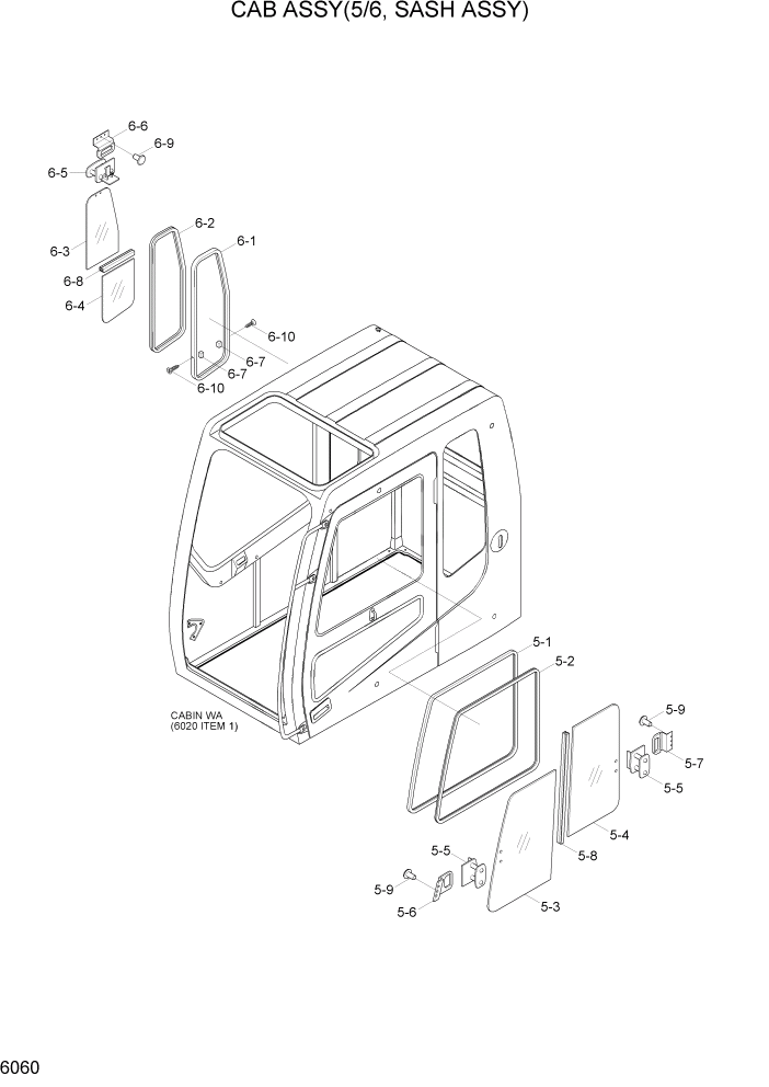 Схема запчастей Hyundai R170W7A - PAGE 6060 CAB ASSY(5/6, SASH ASSY) СТРУКТУРА