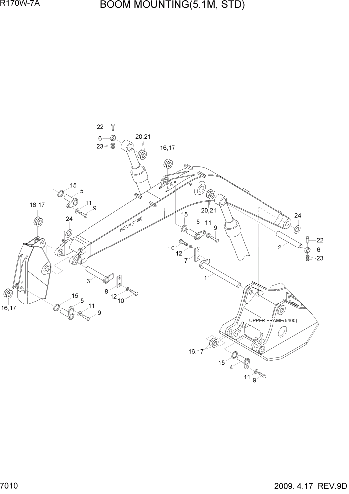 Схема запчастей Hyundai R170W7A - PAGE 7010 BOOM MOUNTING(5.1M, STD) РАБОЧЕЕ ОБОРУДОВАНИЕ