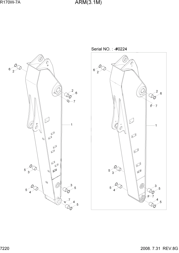 Схема запчастей Hyundai R170W7A - PAGE 7220 ARM(3.1M) РАБОЧЕЕ ОБОРУДОВАНИЕ