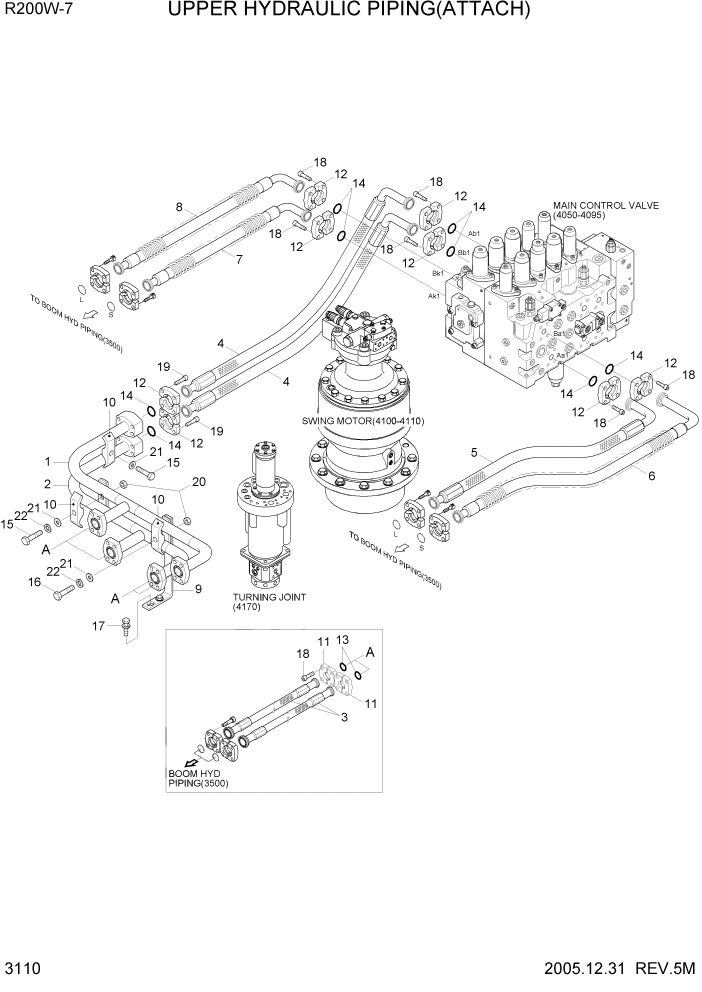 Схема запчастей Hyundai R200W7 - PAGE 3110 UPPER HYD PIPING(ATTACH) ГИДРАВЛИЧЕСКАЯ СИСТЕМА