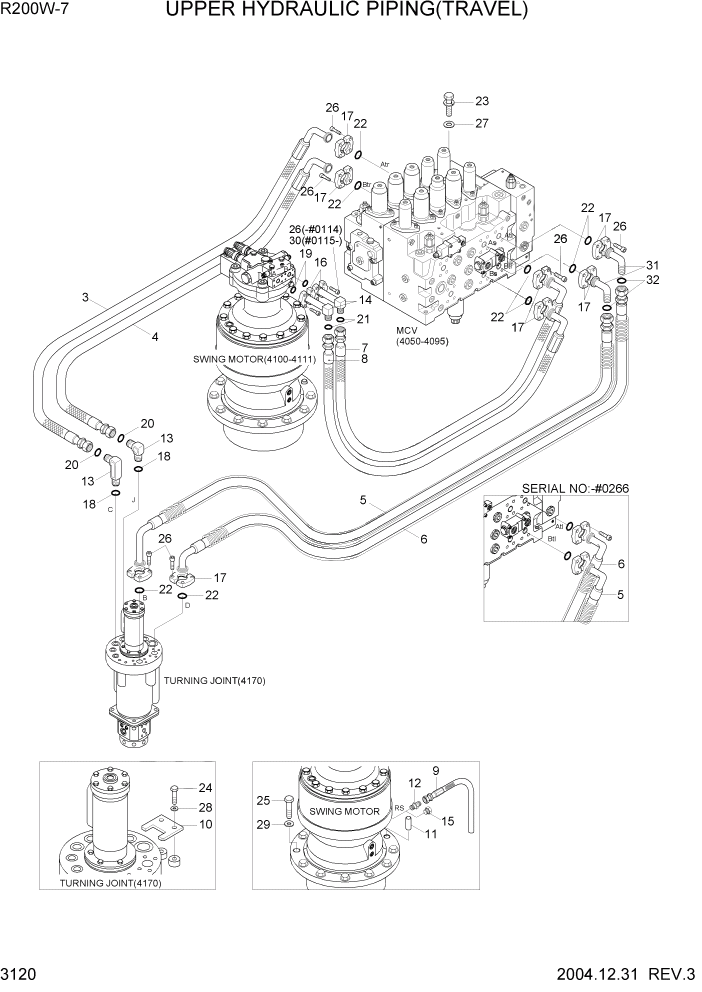 Схема запчастей Hyundai R200W7 - PAGE 3120 UPPER HYD PIPING(TRAVEL) ГИДРАВЛИЧЕСКАЯ СИСТЕМА