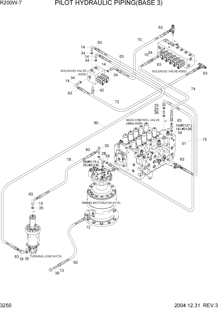 Схема запчастей Hyundai R200W7 - PAGE 3250 PILOT HYD PIPING(BASE 3) ГИДРАВЛИЧЕСКАЯ СИСТЕМА