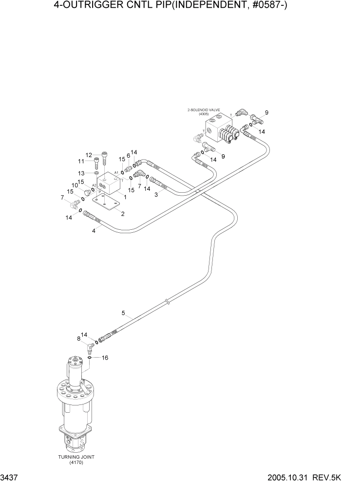 Схема запчастей Hyundai R200W7 - PAGE 3437 4-OUTRIGGER CNTL PIP(INDEPENDENT,#0587-) ГИДРАВЛИЧЕСКАЯ СИСТЕМА