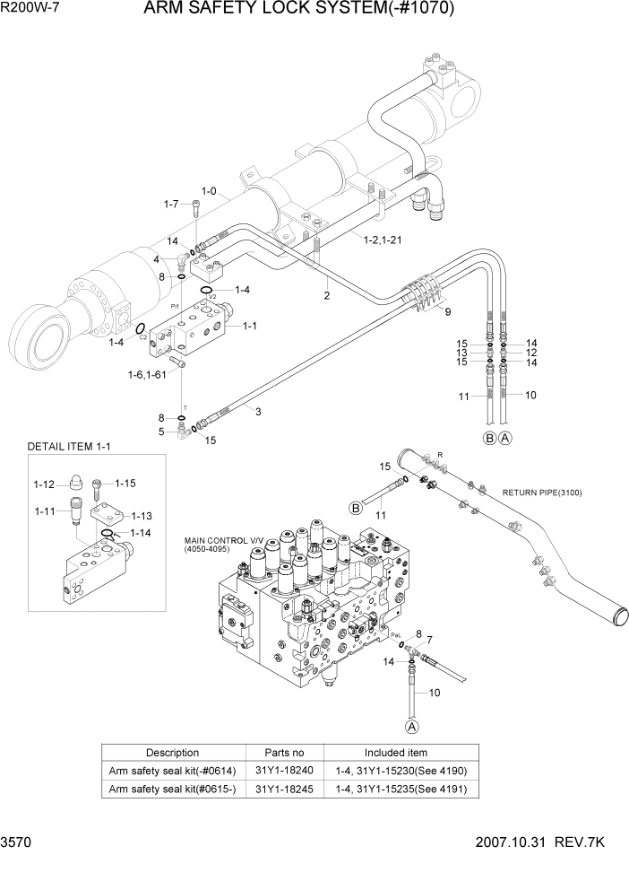Схема запчастей Hyundai R200W7 - PAGE 3570 ARM SAFETY LOCK SYSTEM(-#1070) ГИДРАВЛИЧЕСКАЯ СИСТЕМА