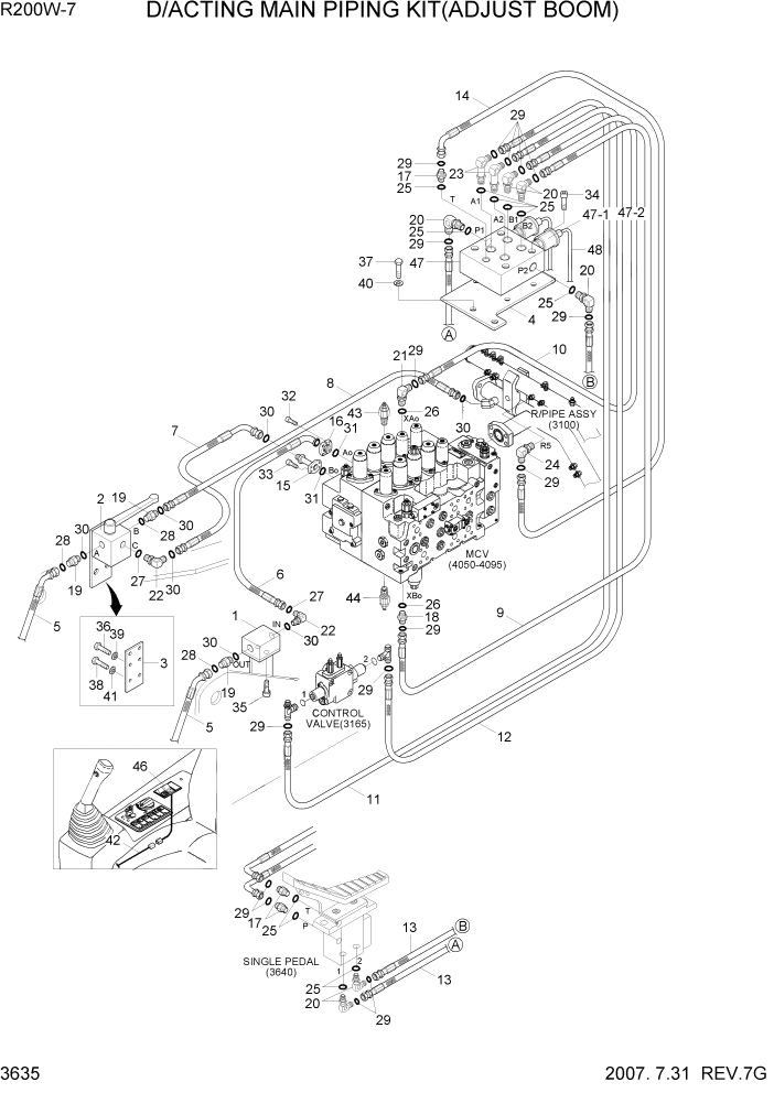 Схема запчастей Hyundai R200W7 - PAGE 3635 D/ACTING MAIN PIPING KIT(ADJUST BOOM) ГИДРАВЛИЧЕСКАЯ СИСТЕМА