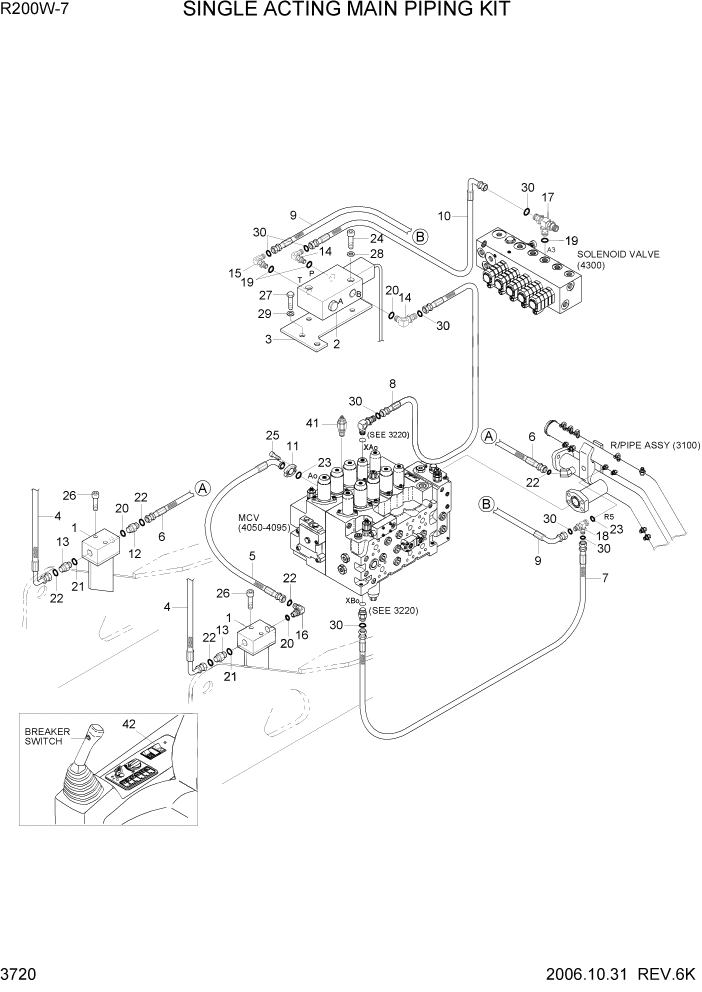 Схема запчастей Hyundai R200W7 - PAGE 3720 SINGLE ACTING MAIN PIPING KIT ГИДРАВЛИЧЕСКАЯ СИСТЕМА