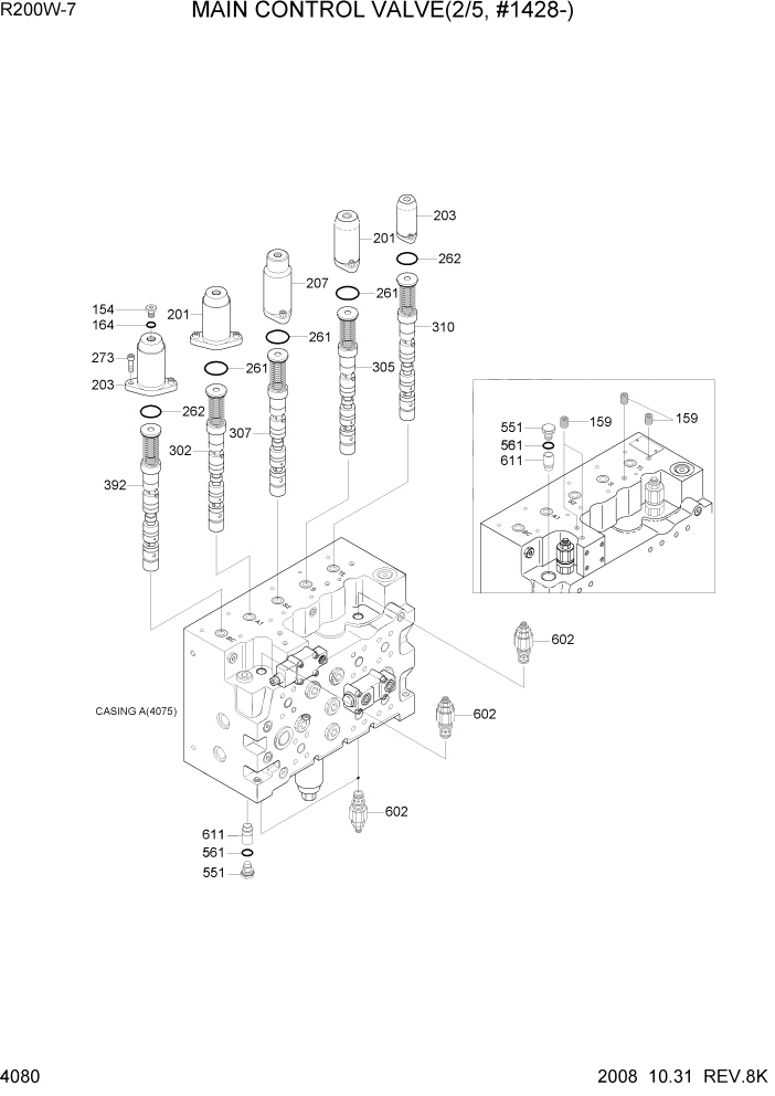 Схема запчастей Hyundai R200W7 - PAGE 4080 MAIN CONTROL VALVE(2/5, #1428-) ГИДРАВЛИЧЕСКИЕ КОМПОНЕНТЫ