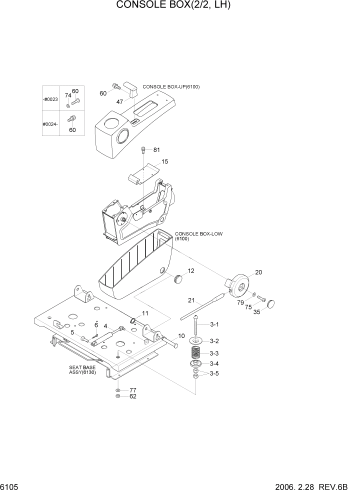 Схема запчастей Hyundai R200W7 - PAGE 6105 CONSOLE BOX(2/2, LH) СТРУКТУРА