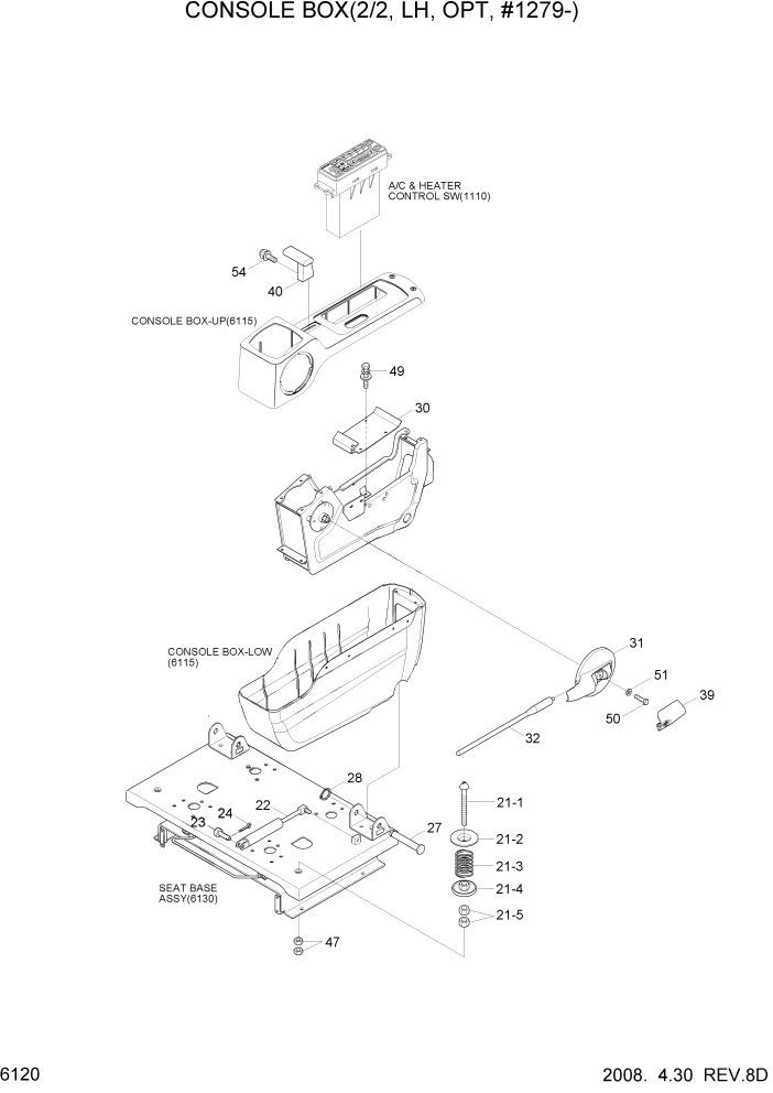 Схема запчастей Hyundai R200W7 - PAGE 6120 CONSOLE BOX(2/2, LH, OPT, #1279-) СТРУКТУРА