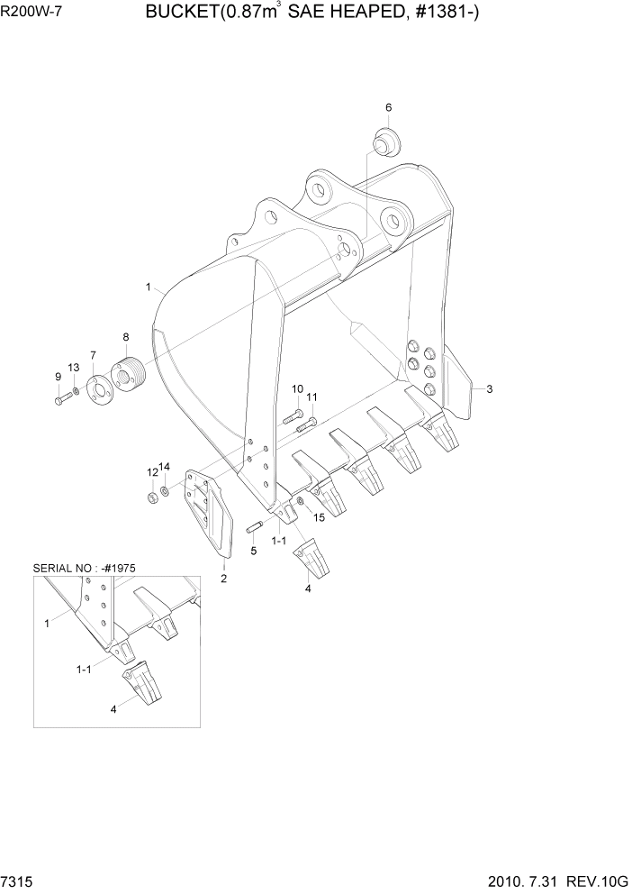 Схема запчастей Hyundai R200W7 - PAGE 7315 BUCKEC(0.87M3 SAE HEAPED, #1381-) РАБОЧЕЕ ОБОРУДОВАНИЕ