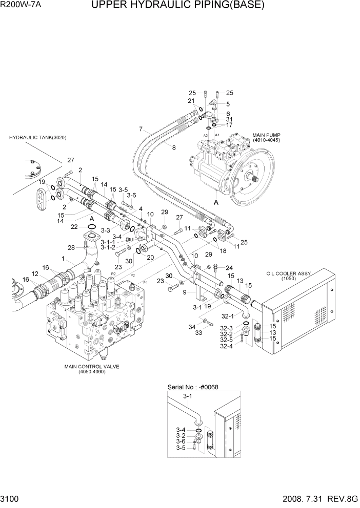 Схема запчастей Hyundai R200W7A - PAGE 3100 UPPER HYD PIPING(BASE) ГИДРАВЛИЧЕСКАЯ СИСТЕМА