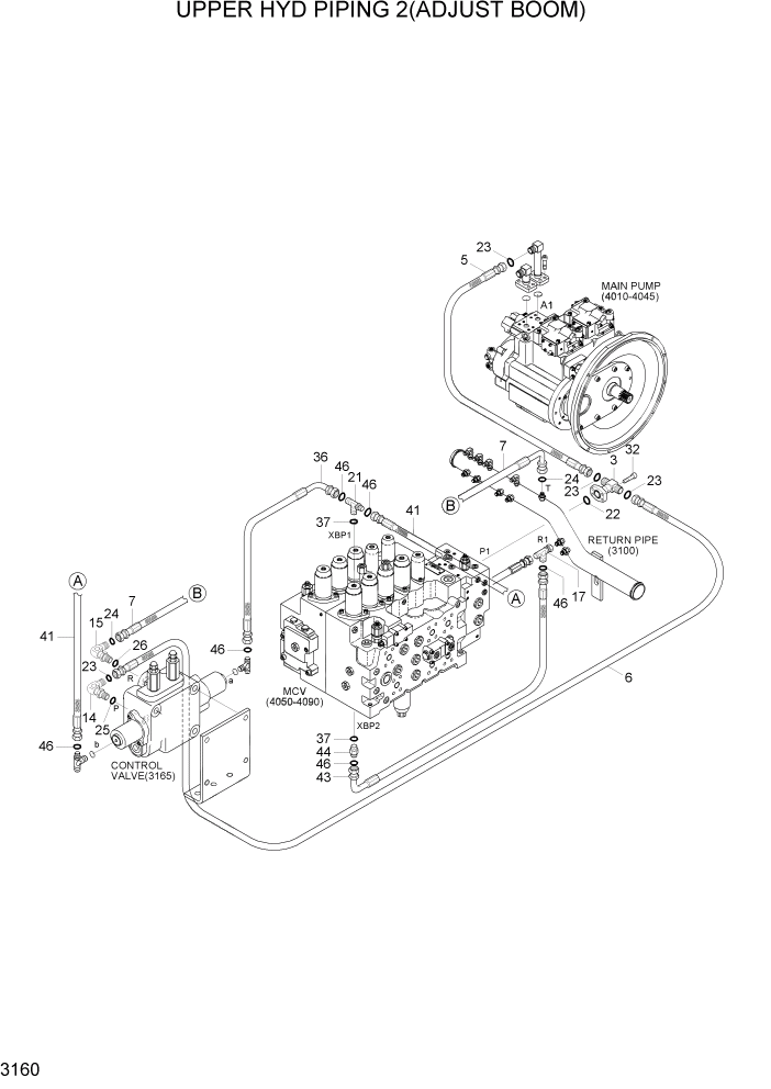 Схема запчастей Hyundai R200W7A - PAGE 3160 UPPER HYD PIPING 2(ADJUST BOOM) ГИДРАВЛИЧЕСКАЯ СИСТЕМА