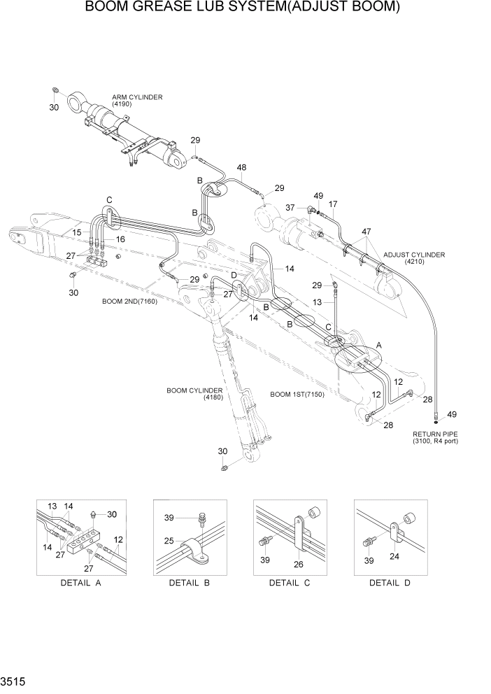 Схема запчастей Hyundai R200W7A - PAGE 3515 BOOM GREASE LUB SYSTEM(ADJUST BOOM) ГИДРАВЛИЧЕСКАЯ СИСТЕМА