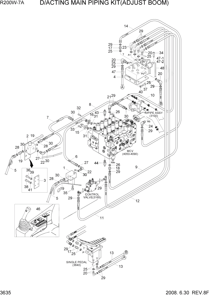 Схема запчастей Hyundai R200W7A - PAGE 3635 D/ ACTING MAIN PIPING KIT(ADJUST BOOM) ГИДРАВЛИЧЕСКАЯ СИСТЕМА