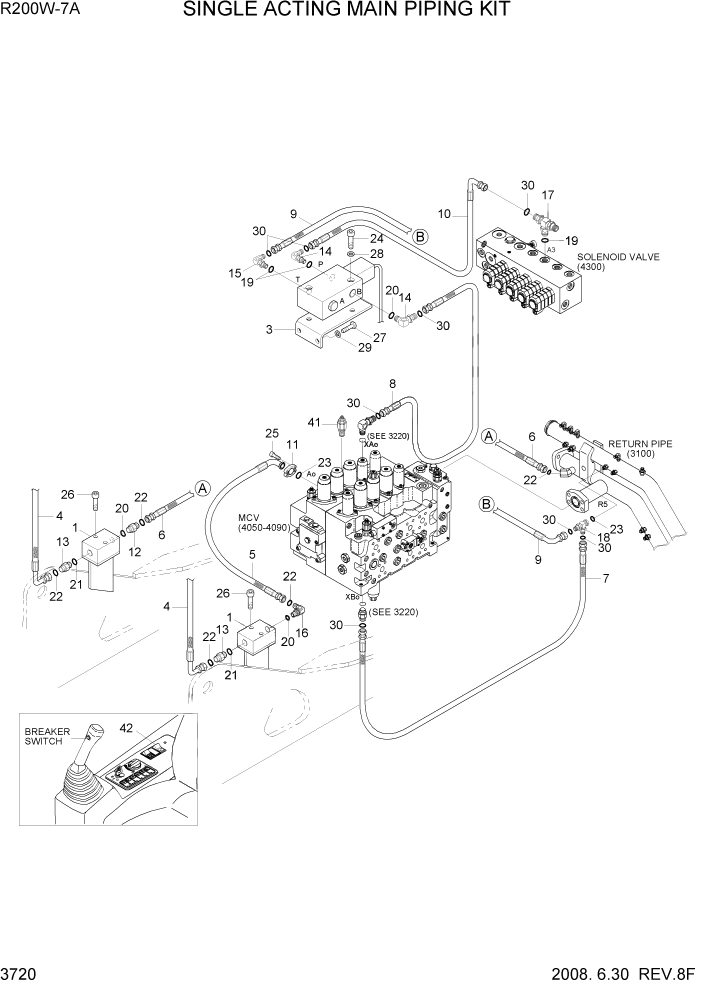 Схема запчастей Hyundai R200W7A - PAGE 3720 SINGLE ACTING MAIN PIPING KIT ГИДРАВЛИЧЕСКАЯ СИСТЕМА