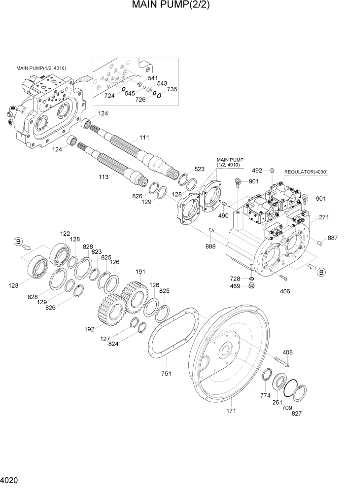 Схема запчастей Hyundai R200W7A - PAGE 4020 MAIN PUMP(2/2) ГИДРАВЛИЧЕСКИЕ КОМПОНЕНТЫ