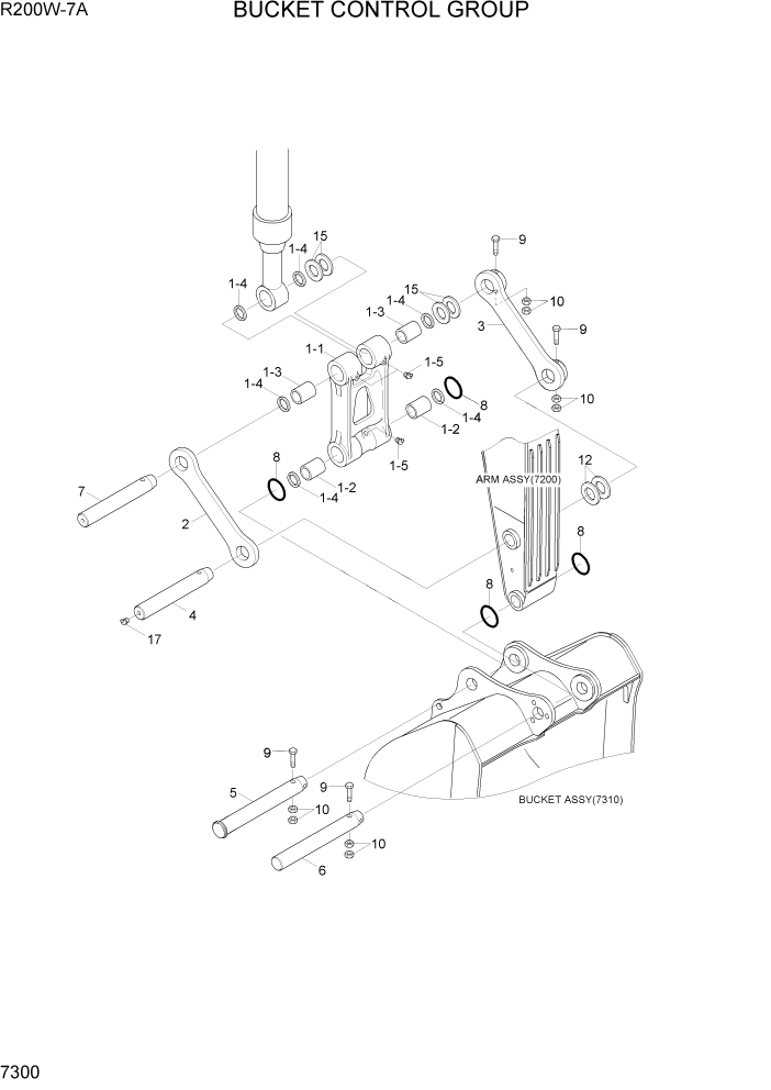 Схема запчастей Hyundai R200W7A - PAGE 7300 BUCKET CONTROL GROUP РАБОЧЕЕ ОБОРУДОВАНИЕ