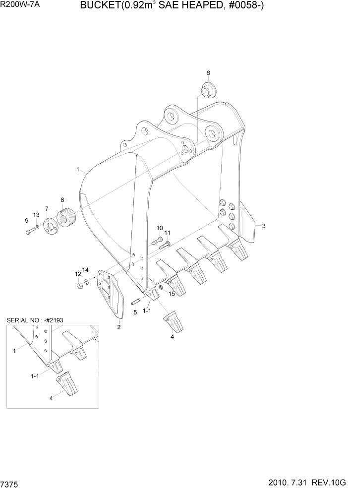 Схема запчастей Hyundai R200W7A - PAGE 7375 BUCKET(0.92M3 SAE HEAPED, #0058-) РАБОЧЕЕ ОБОРУДОВАНИЕ