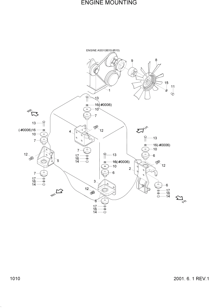 Схема запчастей Hyundai R95W3 - PAGE 1010 ENGINE MOUNTING ДВИГАТЕЛЬ