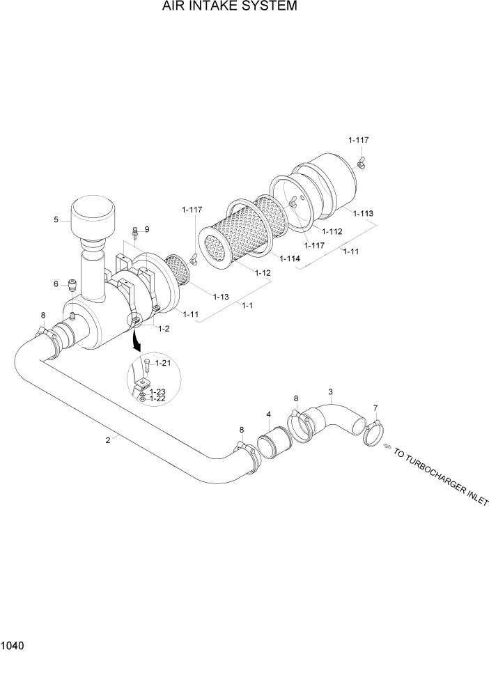 Схема запчастей Hyundai R95W3 - PAGE 1040 AIR INTAKE SYSTEM ДВИГАТЕЛЬ