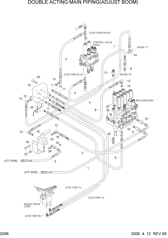 Схема запчастей Hyundai R95W3 - PAGE 2096 D/ACTING MAIN PIPING(ADJUST BOOM) ГИДРАВЛИЧЕСКАЯ СИСТЕМА