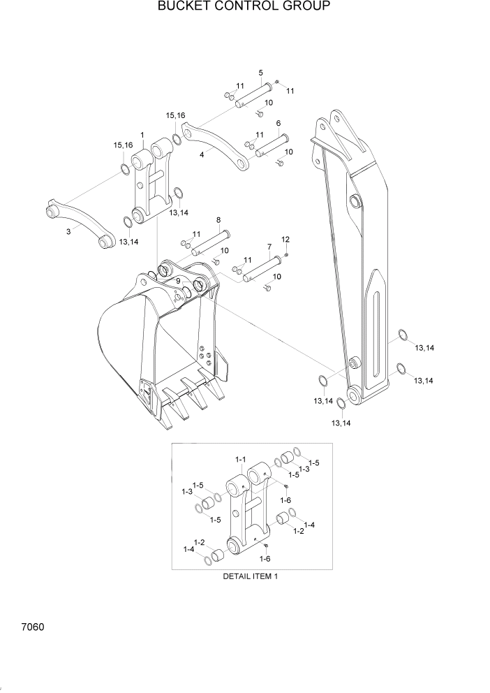 Схема запчастей Hyundai R95W3 - PAGE 7060 BUCKET CONTROL GROUP РАБОЧЕЕ ОБОРУДОВАНИЕ