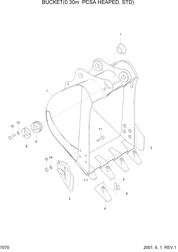 Схема запчастей Hyundai R95W3 - PAGE 7070 BUCKET(0.30M3 PCSA HEAPED, STD) РАБОЧЕЕ ОБОРУДОВАНИЕ
