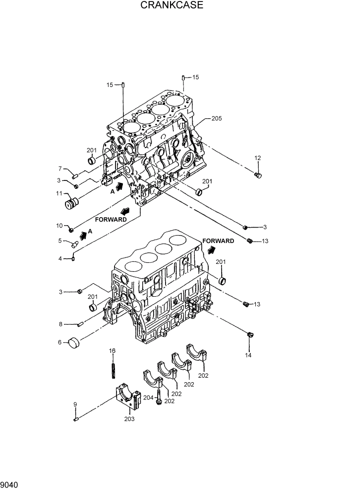 Схема запчастей Hyundai R95W3 - PAGE 9040 CRANKCASE ДВИГАТЕЛЬ БАЗА