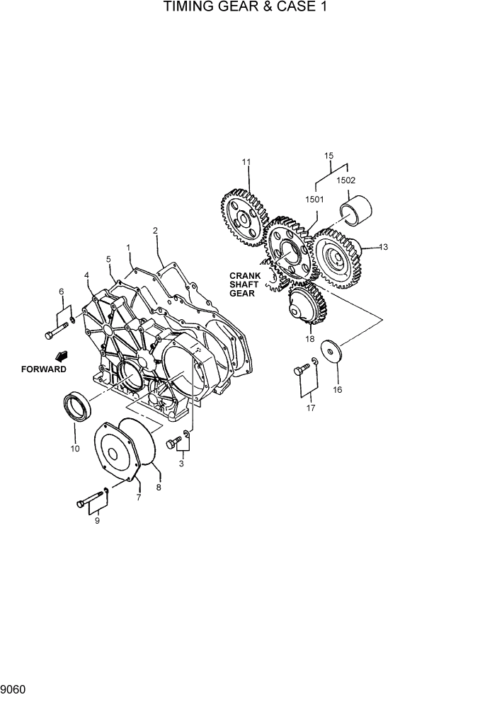 Схема запчастей Hyundai R95W3 - PAGE 9060 TIMING GEAR & CASE 1 ДВИГАТЕЛЬ БАЗА