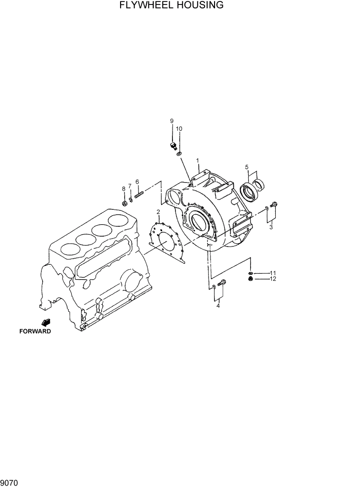 Схема запчастей Hyundai R95W3 - PAGE 9070 FLYWHEEL HOUSING ДВИГАТЕЛЬ БАЗА