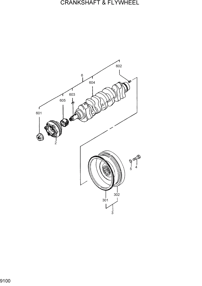 Схема запчастей Hyundai R95W3 - PAGE 9100 CRANKSHAFT & FLYWHEEL ДВИГАТЕЛЬ БАЗА