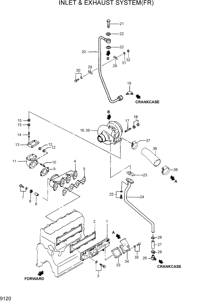 Схема запчастей Hyundai R95W3 - PAGE 9120 INLET & EXHAUST SYSTEM(FR) ДВИГАТЕЛЬ БАЗА