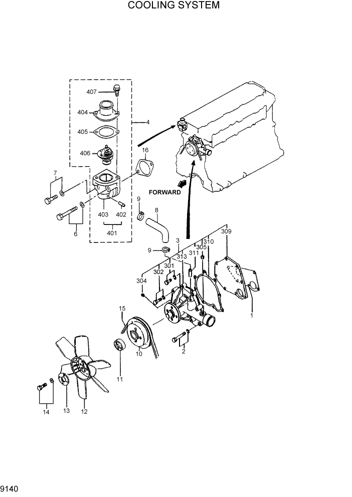 Схема запчастей Hyundai R95W3 - PAGE 9140 COOLING SYSTEM ДВИГАТЕЛЬ БАЗА