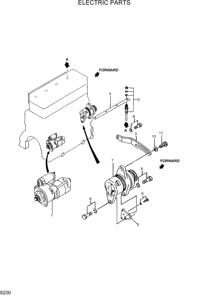 Схема запчастей Hyundai R95W3 - PAGE 9200 ELECTRIC PARTS ДВИГАТЕЛЬ БАЗА