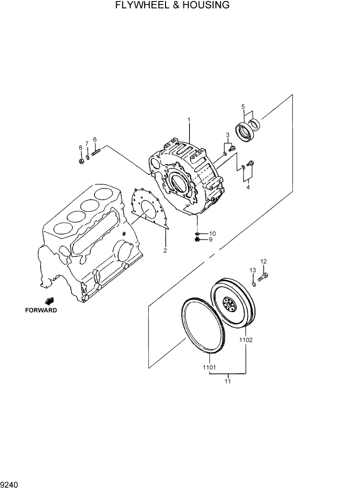 Схема запчастей Hyundai R95W3 - PAGE 9240 FLYWHEEL & HOUSING ДВИГАТЕЛЬ БАЗА