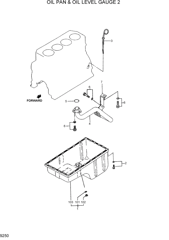 Схема запчастей Hyundai R95W3 - PAGE 9250 OIL PAN & OIL LEVEL GAUGE 2 ДВИГАТЕЛЬ БАЗА