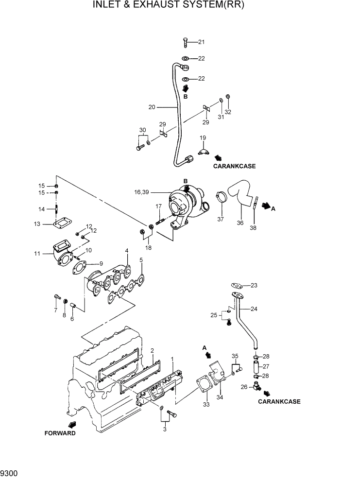 Схема запчастей Hyundai R95W3 - PAGE 9300 INLET & EXHAUST SYSTEM(RR) ДВИГАТЕЛЬ БАЗА