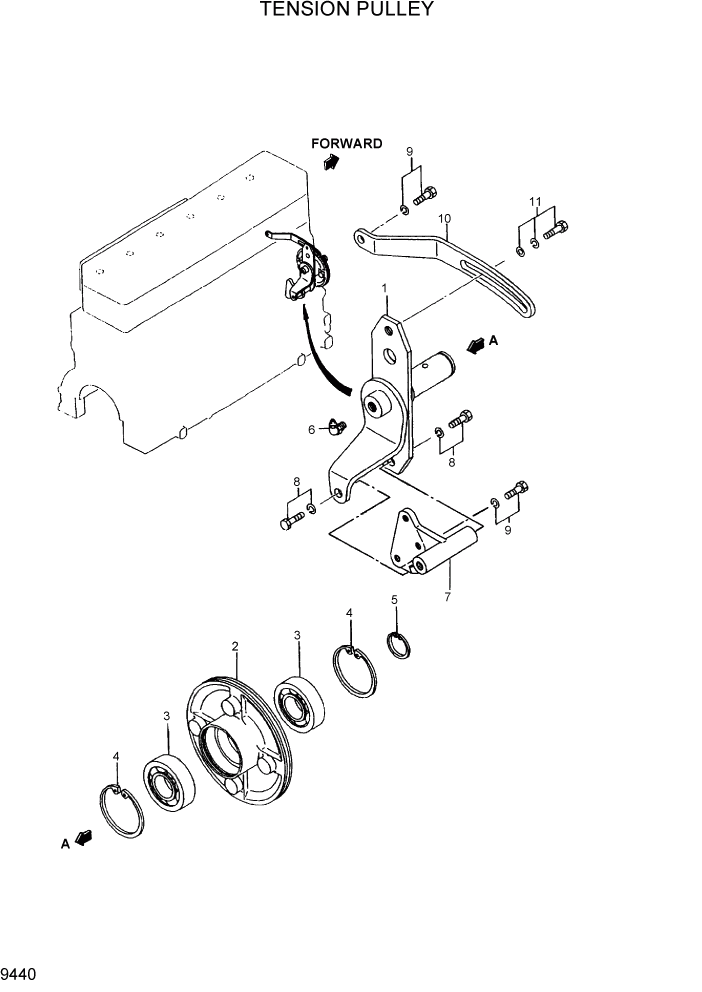 Схема запчастей Hyundai R95W3 - PAGE 9440 TENSION PULLEY ДВИГАТЕЛЬ БАЗА