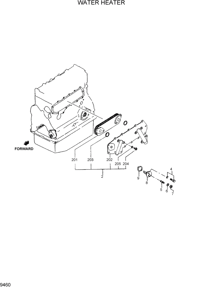 Схема запчастей Hyundai R95W3 - PAGE 9460 WATER HEATER ДВИГАТЕЛЬ БАЗА