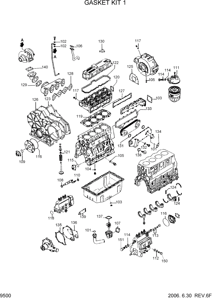 Схема запчастей Hyundai R95W3 - PAGE 9500 GASKET KIT 1 ДВИГАТЕЛЬ БАЗА