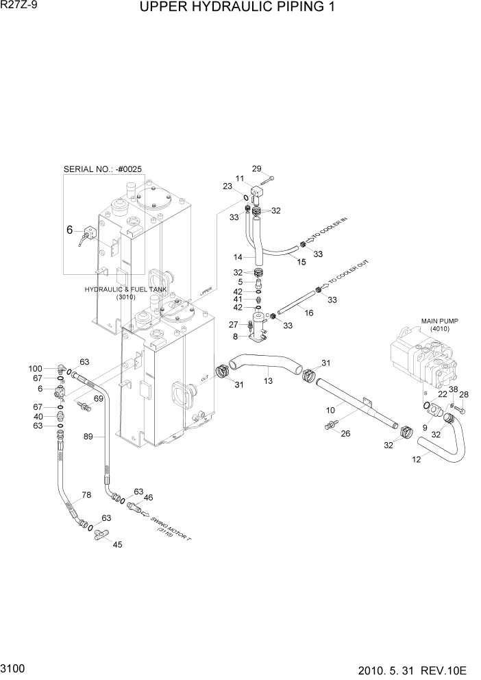 Схема запчастей Hyundai R27Z-9 - PAGE 3100 UPPER HYDRAULIC PIPING 1 ГИДРАВЛИЧЕСКАЯ СИСТЕМА