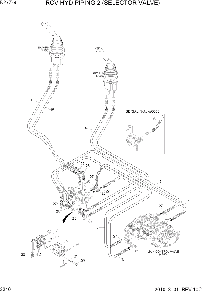 Схема запчастей Hyundai R27Z-9 - PAGE 3210 RCV HYD PIPING 2 (SELECTOR VALVE) ГИДРАВЛИЧЕСКАЯ СИСТЕМА